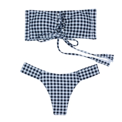 Lace-Up Gingham Bandeau Bikini Set