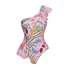 One-Shoulder Ruffle Floral Prints Swimsuit