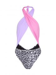 Pink, Purple and Leopard Splice Wrap Cut Out Swimsuit