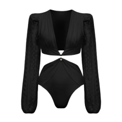 Deep V Lace Long Sleeve Cutout One Piece Swimsuit