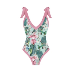 Bowknot Tie-shoulder Printed One Piece Swimsuit