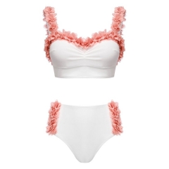 Pink Floral Trims High Waist Bikini Set