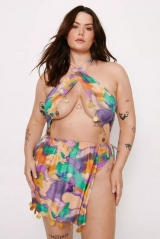 Plus Size Recycled Marble Coin Trim Wrap Cut Out Swimsuit