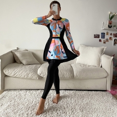 Muslim Swimsuit Random Graphic Printing Conservative Full Surrounding Swimsuit Three Piece Set Long Sleeve One Piece Top Long Pants Short
